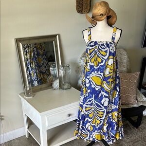 Cleobella Muriel organic cotton boho blue gold Midi maxi Dress In Azores small‌